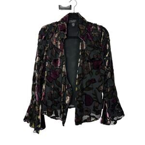 Silkland Floral Burnout Velvet Jacket Size 14 Black Purple Sheer Boho Whimsygoth